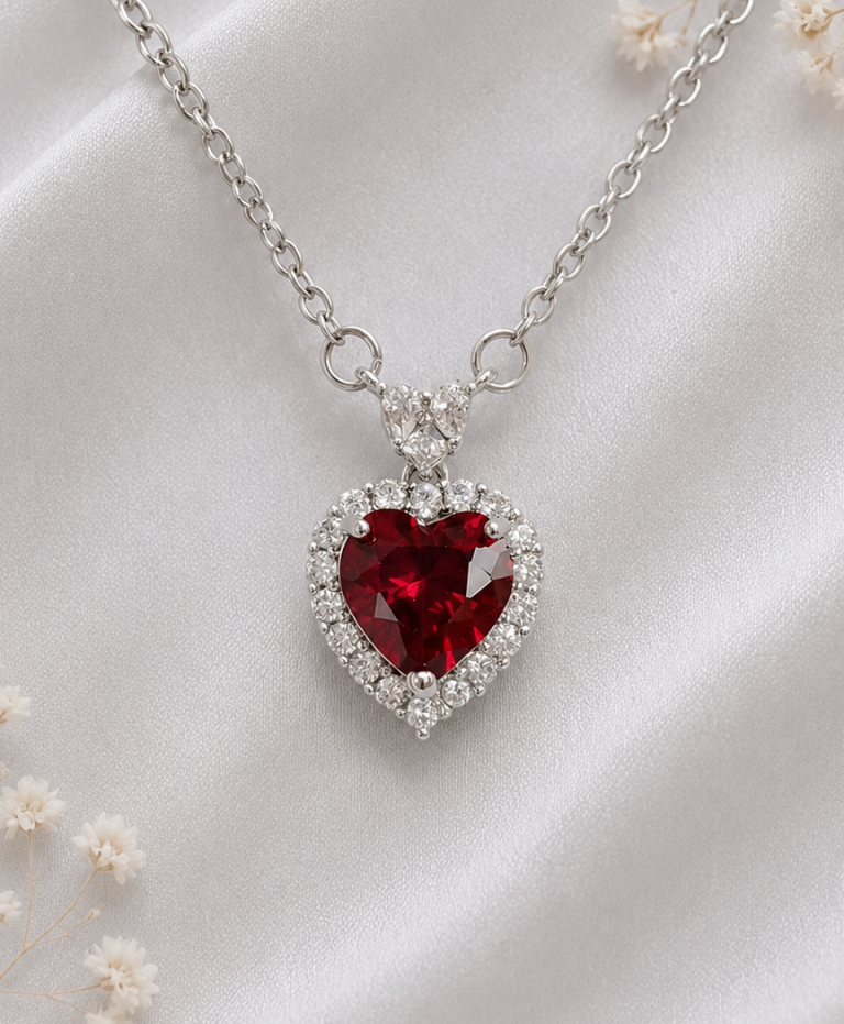 Sparkling Ruby Red CZ Heart Pendant Necklace Silver Plated Halo Gift for Her Timeless Design UK