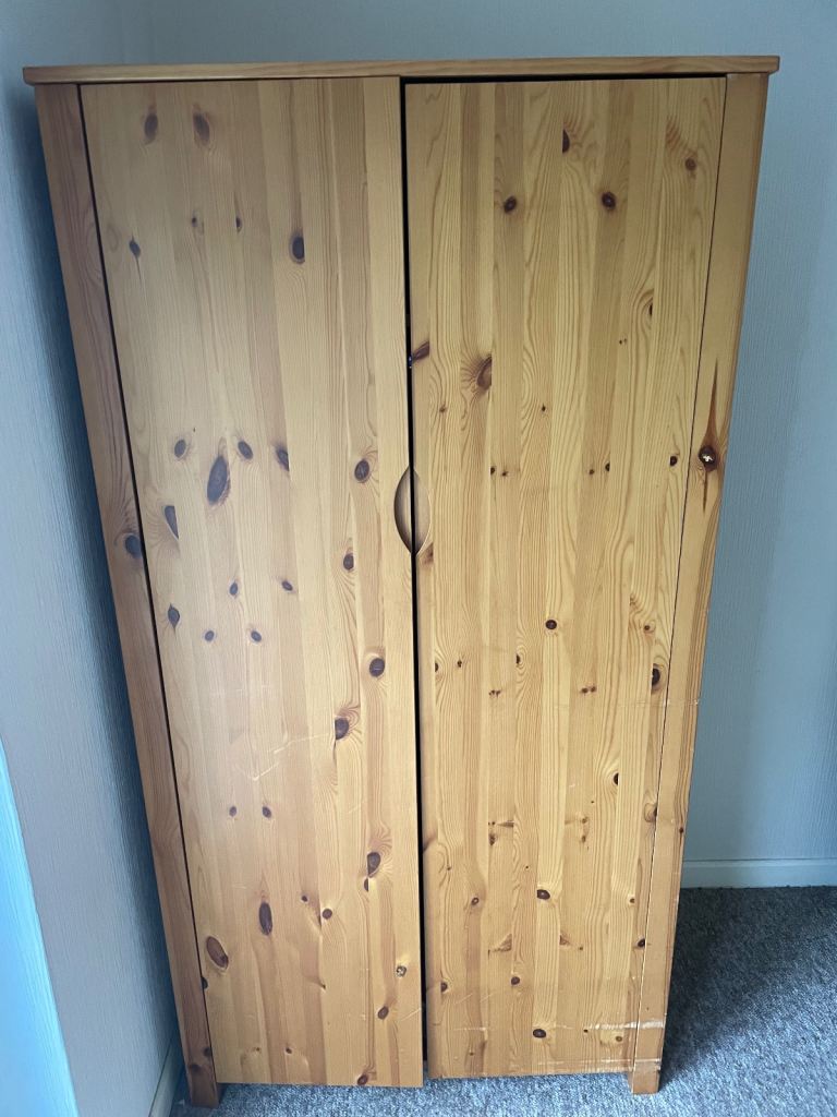 Large double solid pine wardrobe with shelving 
