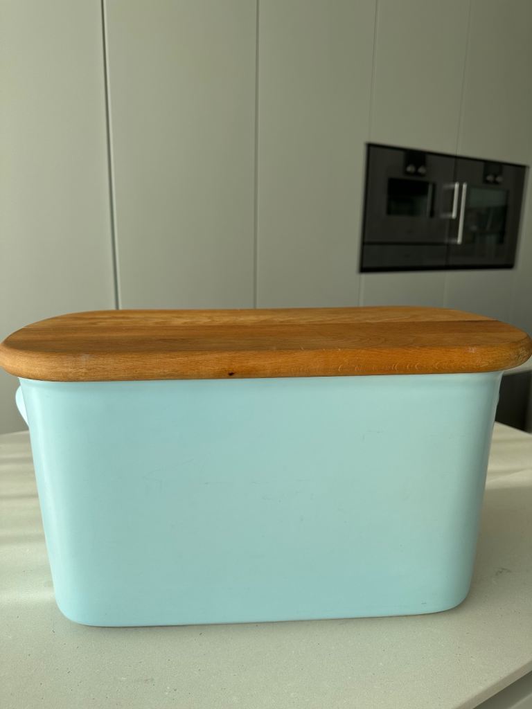  Nigella Lawson Duck Egg Blue Bread Bin with Beech Chopping Board Lid