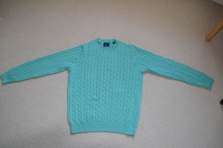Gant Mens Cotton Cable Knit Crew Neck Sweater Green - Large