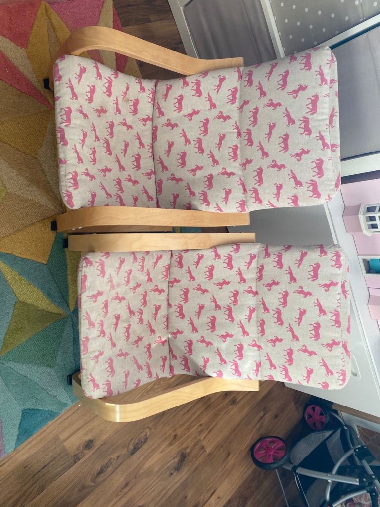 2 x IKEA Poang chairs with removable kids covers (Unicorn design)