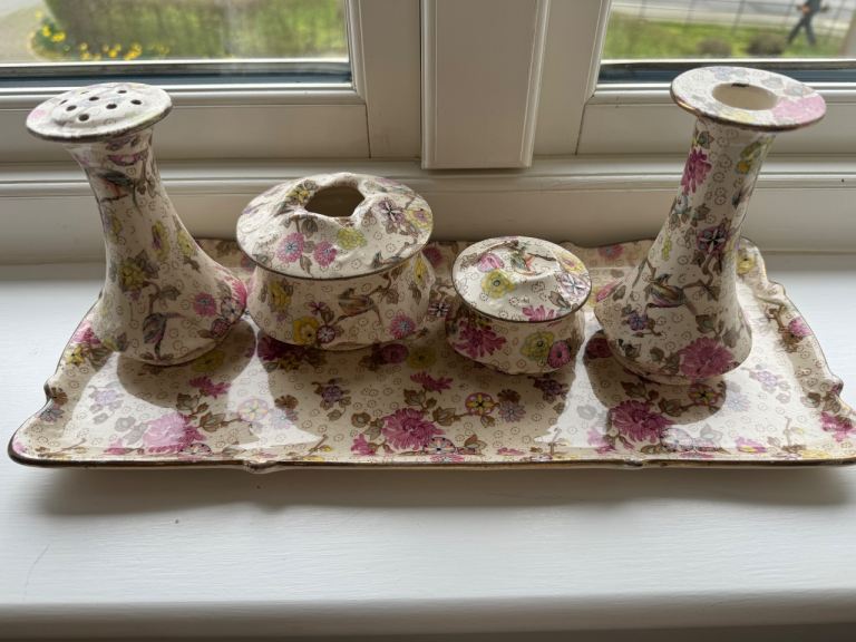 Vintage china floral and bird print ducal four piece dressing table set 