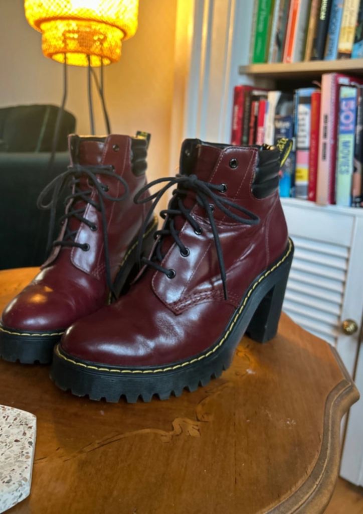 Dr Martens Persephone Red Cherry Arcadia Leather Heel Chelsea Chunky Boots