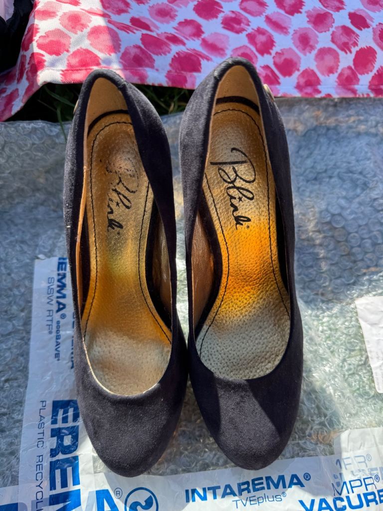 Blink Black Suede Platform Heels - Gold Detail, UK Size 4
