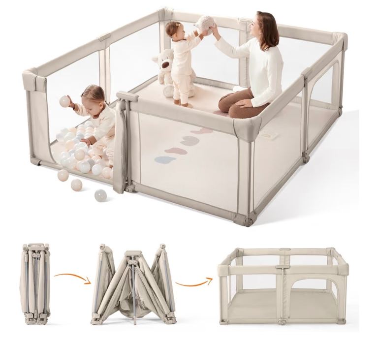 Large Foldable Baby Playpen – Beige, Brand New