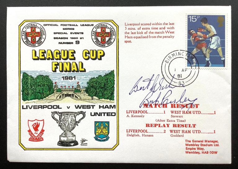 Bob Paisley Signed Postal Cover Liverpool v West Ham Utd 1981 League Cup Final