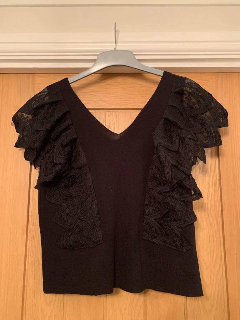 Ladies Black V Neck & V Back Top with Decorative Lace Panels Size S/M Worn Once