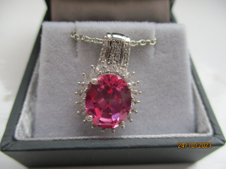 Lab created pink sapphire and natural Zircon Halo pendant and 20 inch chain
