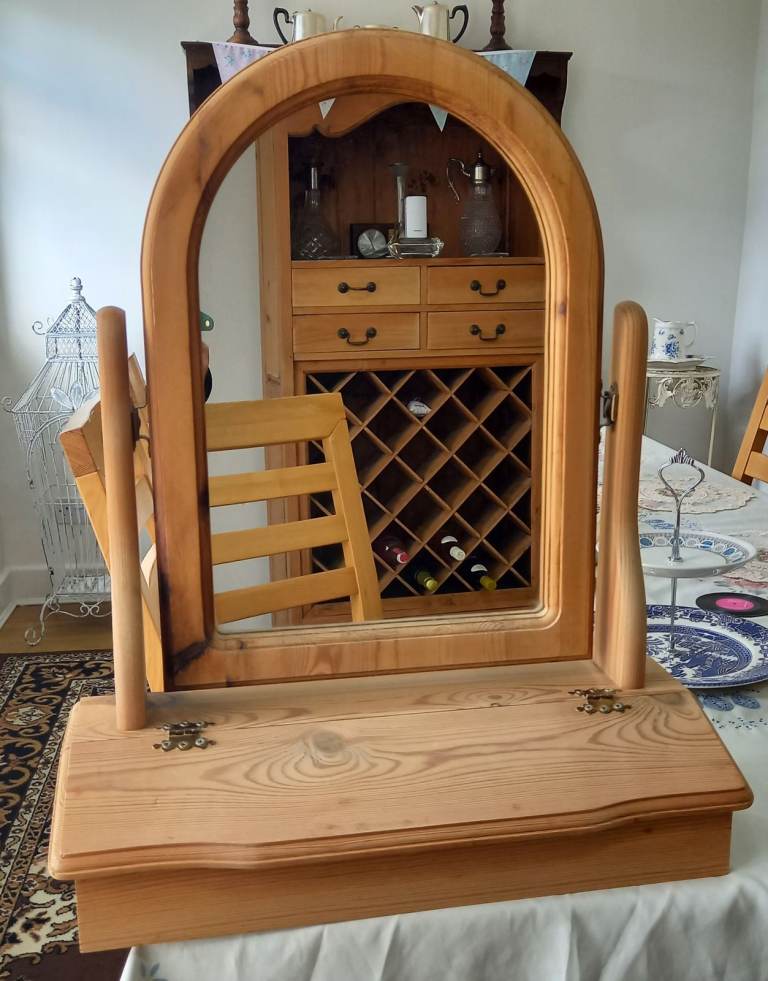 Vintage arched pine freestanding table top mirror with drawer, preloved but VGC
