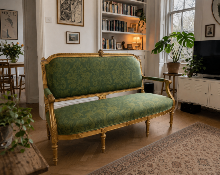 French Style Giltwood Sofa – Green Damask Upholstery
