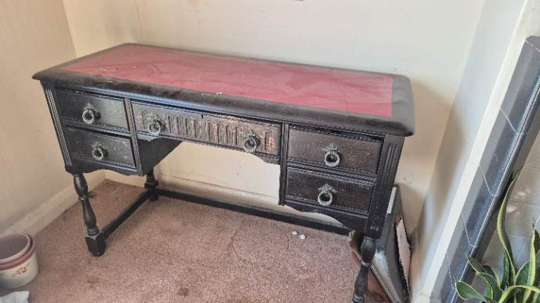 Vintage Black Wooden Desk with Red Leather Top