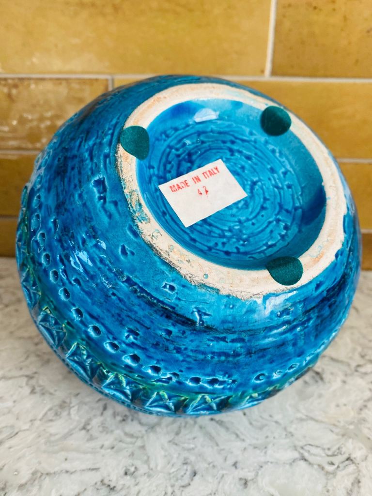 Bitossi Rimini Blue Ball Globe Round Vase Vintage Aldo Londi Italy Mid Century 
