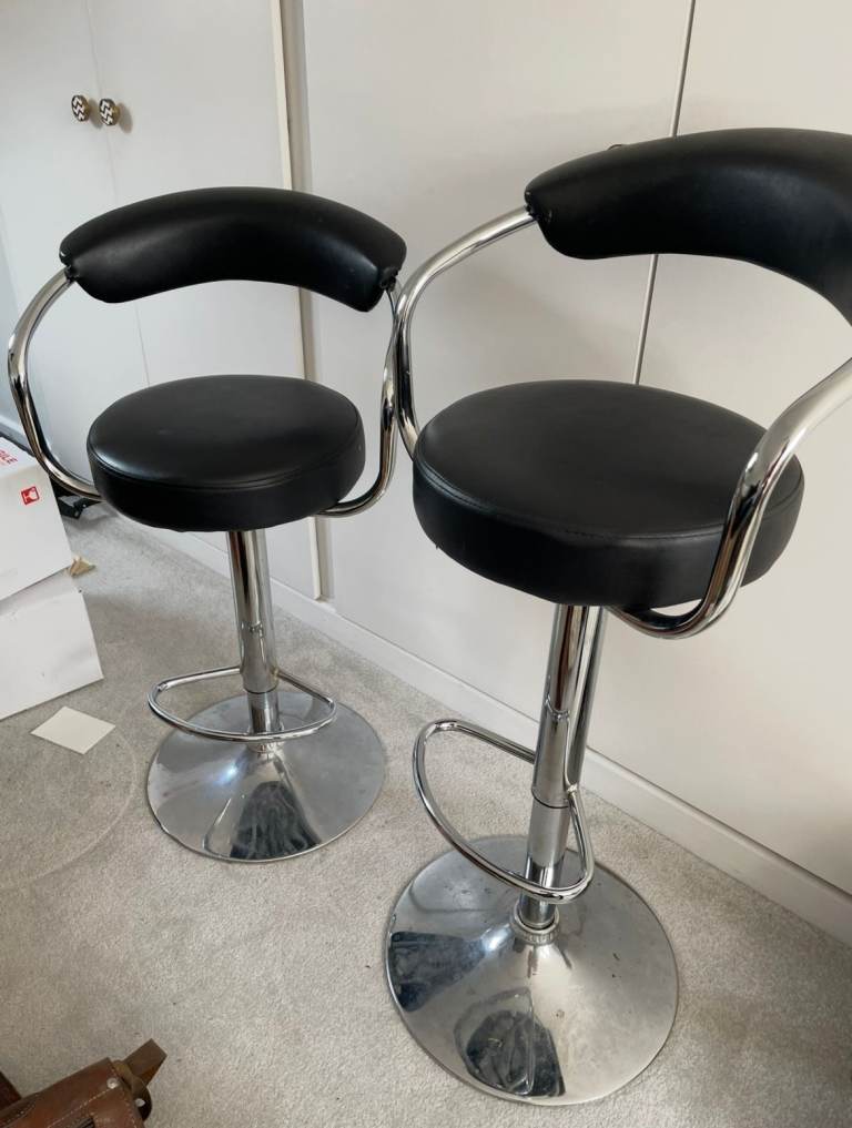 image for Black leather-effect kitchen bar stools (sold together)