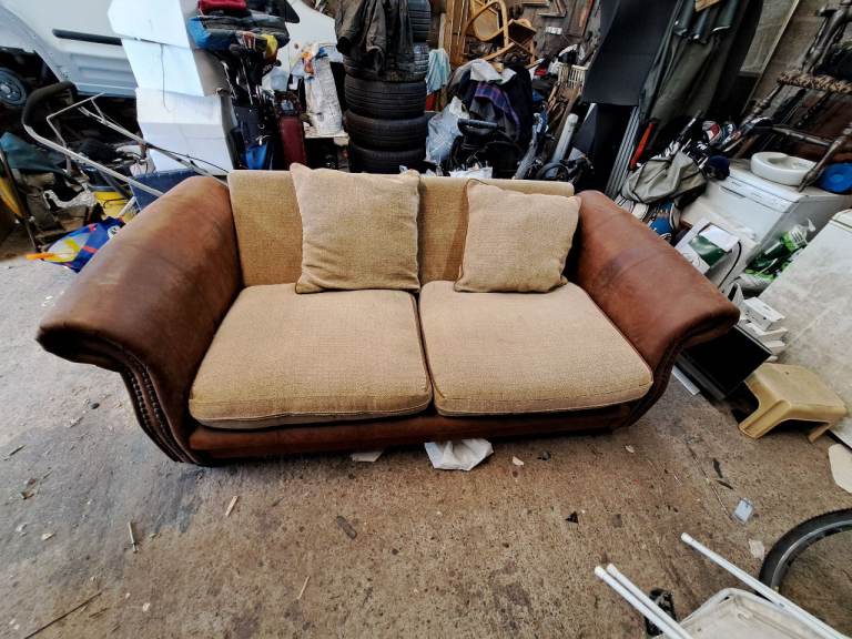 Brown Leather and Fabric Two-Seater Sofa – Fair Condition
