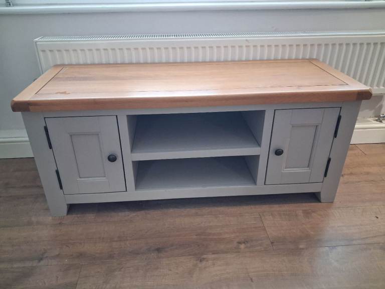 Solid Wood Grey & Oak TV Stand - Good Condition