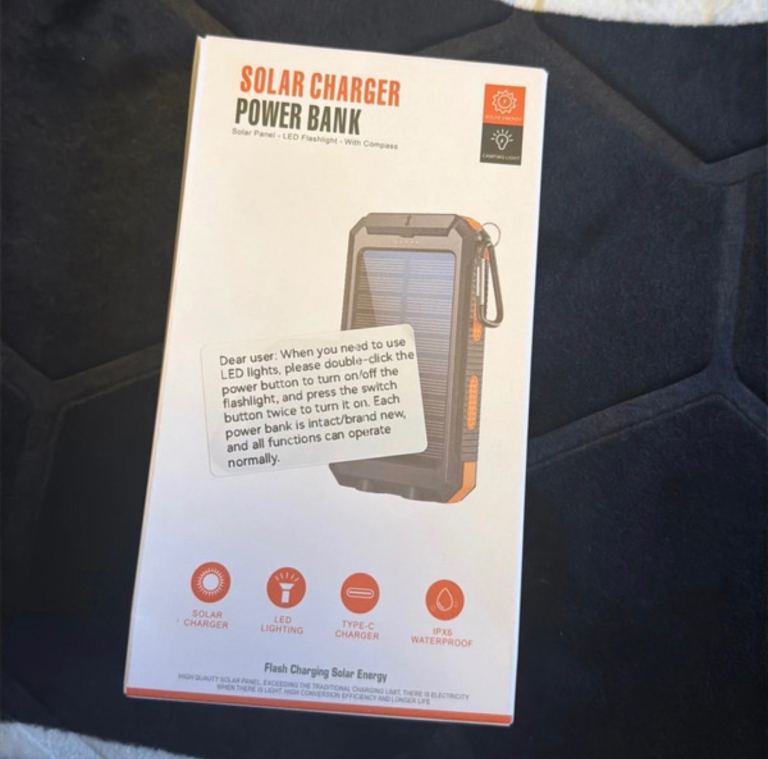 Solar Charger Power Bank with LED Flashlight – New Condition