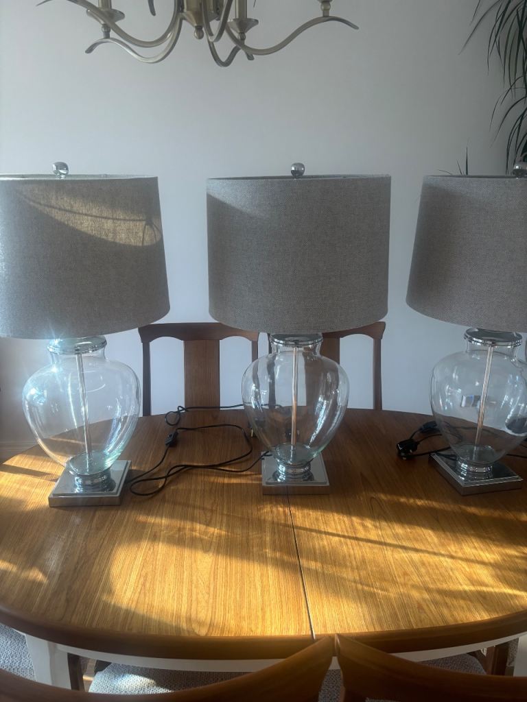 Set of 3 Glass Base Table Lamps with Grey Shades