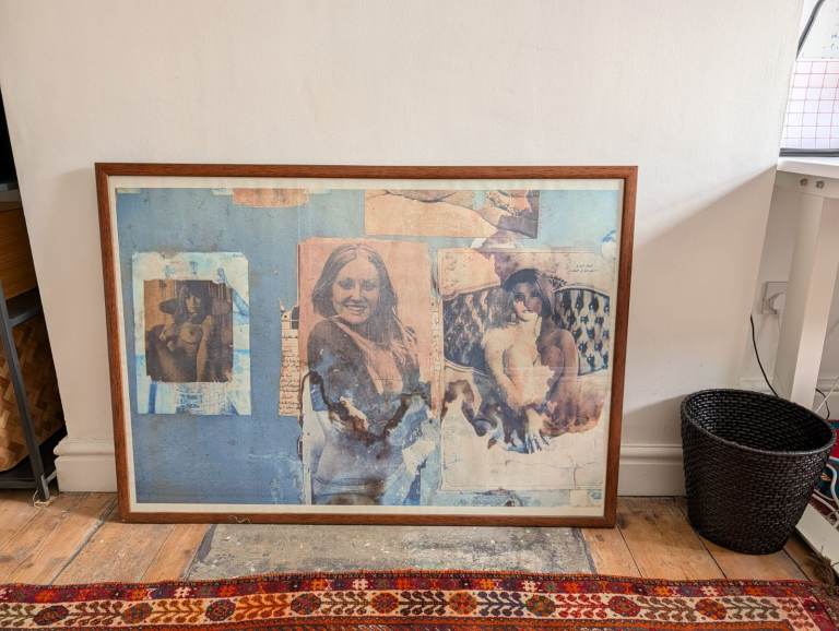Large framed Lebanese factory photograph print - blue and beige tones, wooden frame