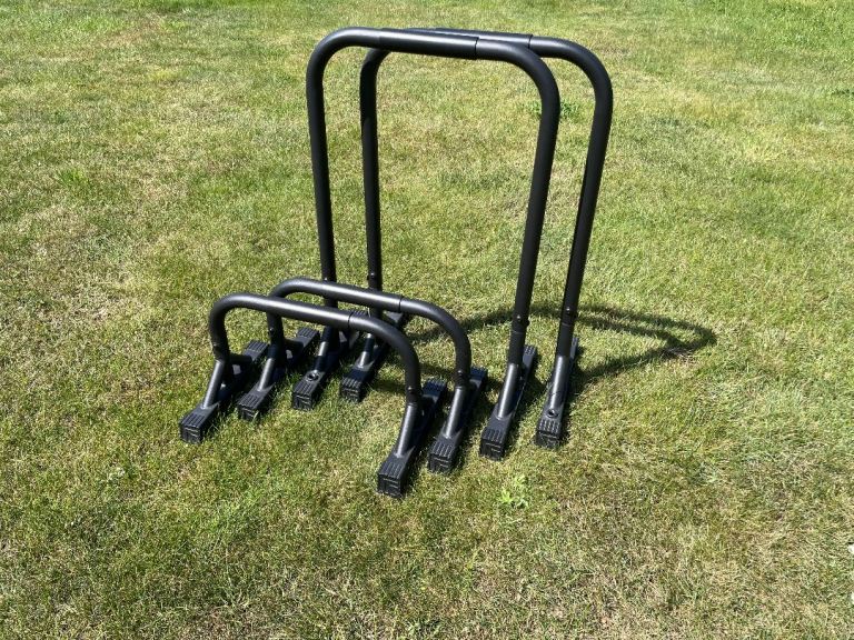 MIRAFIT Set of High & Low Parallettes + Adjustable Joiner Bar, Black, Calisthenics Gym Equipment