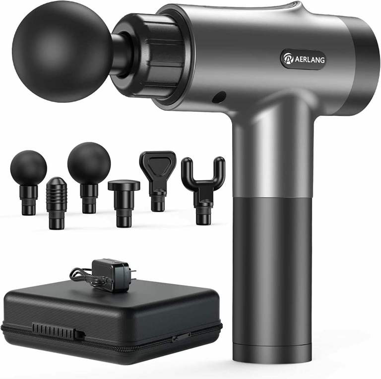 Gray NEW-G Massage Gun with 6 Replacement Heads, 20 Speeds + Storage Carry Case
