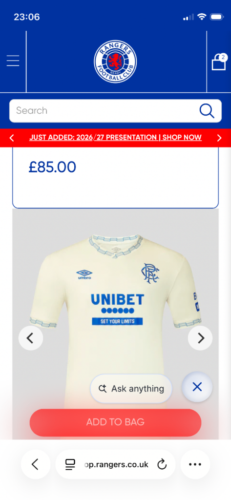 Rangers away tops