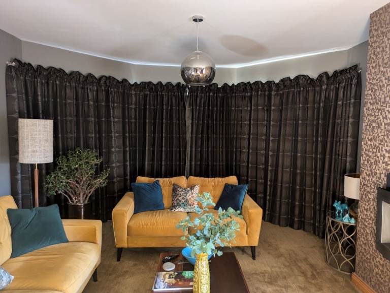Black, gold, silver patterned curtains 