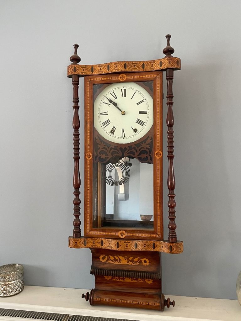 Antique Anglo American marquetry inlay wall clock Victorian 
