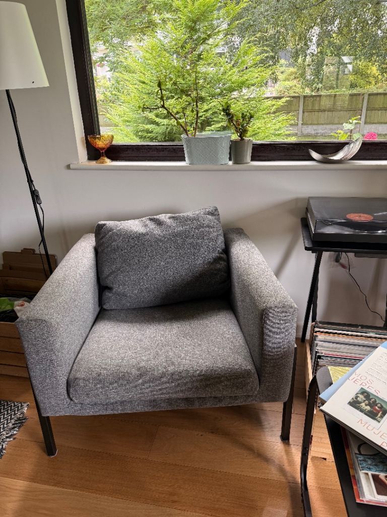 IKEA KOARP Comfortable Grey Fabric Armchair with Black Metal Legs