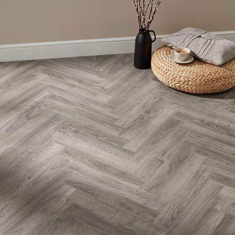 Light Grey Herringbone Vinyl Flooring. 2m, 3m & 4m wide cuts available.