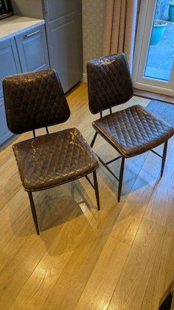 Pair of Brown Faux Leather Dining Chairs – Fair Condition