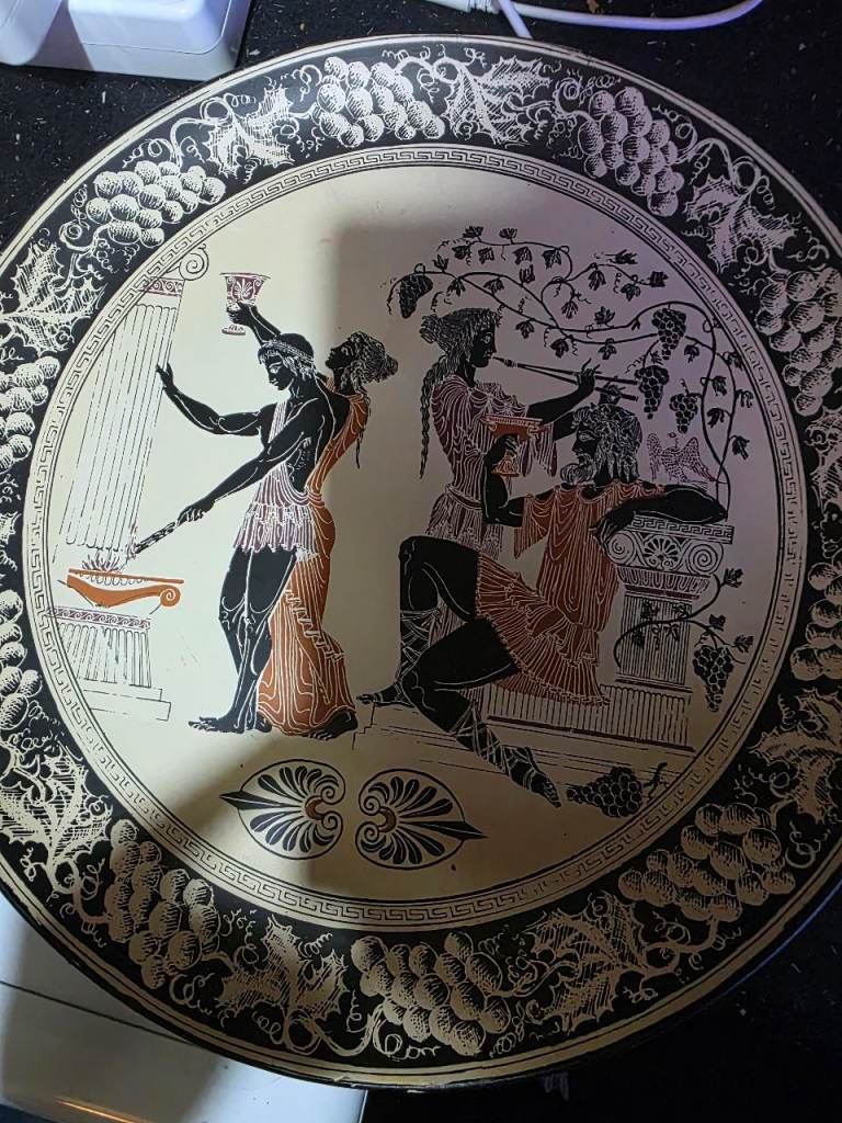 Vintage Greek Handmade & Hand-Painted Terracotta Plate Classical Dionysian Scene