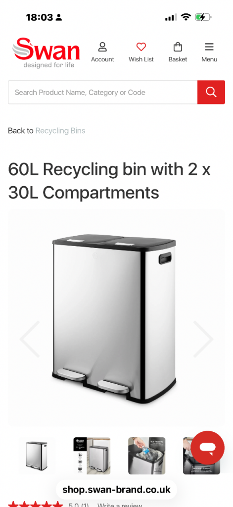Swan 60L Recycling Bin with Two 30L Stainless Steel Compartments