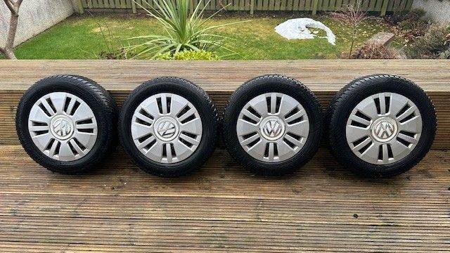 Volkswagen VW UP! steel wheels with hubcaps and Goodyear Tyres 165/70 R14