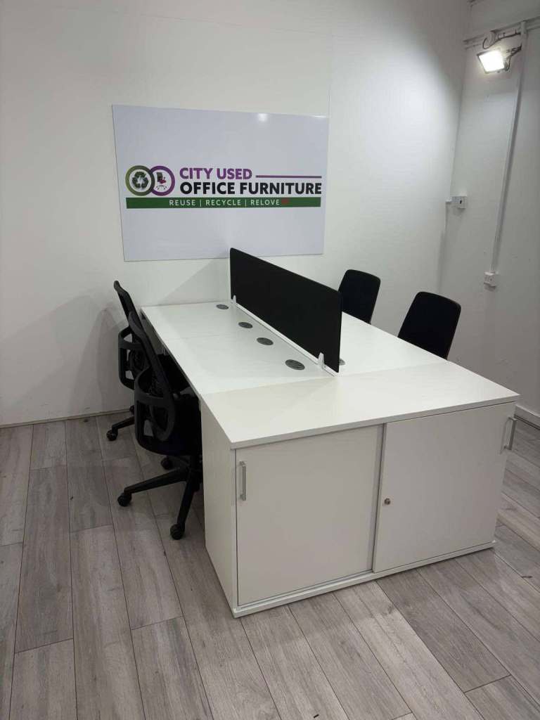 Modular Bench Desking – 2/4/6/8-Person, White Top / Grey Frame, Portholes