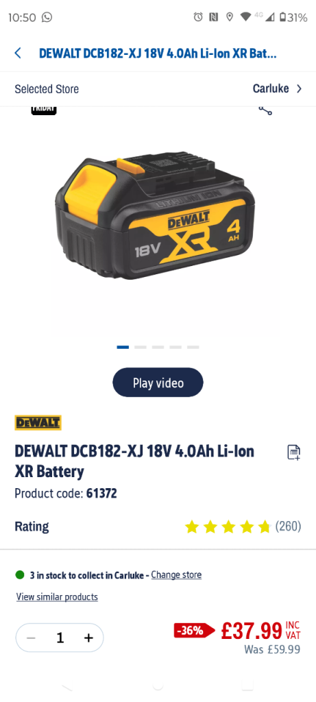 DeWalt Cordless Circular Saw 165mm with 18v 4.0Ah Battery