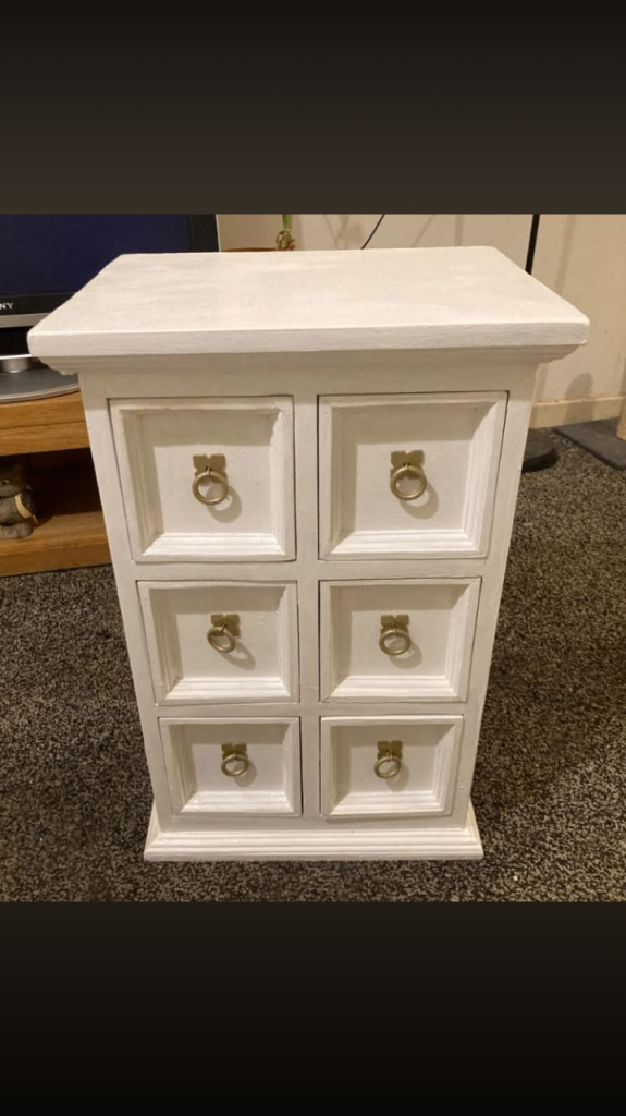 White Wooden Chest of 6 Drawers with Gold Ring Pulls