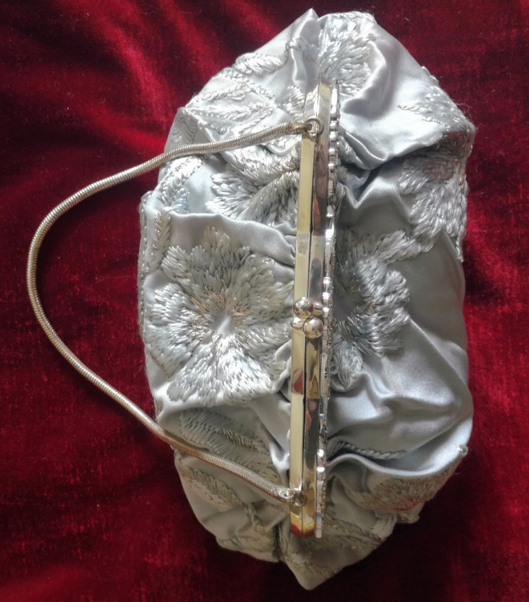 VINTAGE BAG EVENING PURSE Embroidered Diamante Clasp Rope Chain Grey Blue Silk Satin Silver Metallic