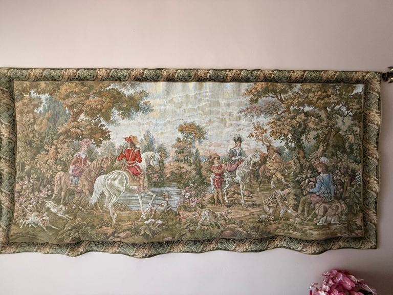 Large Tapestry Wall Hanging with Hunting Scene with Rod - Good Condition