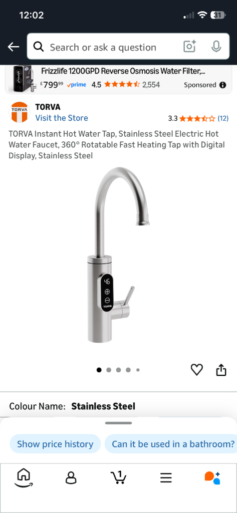TORVA STAINLESS STEEL INSTANT HOT WATER TAP BRAND NEW