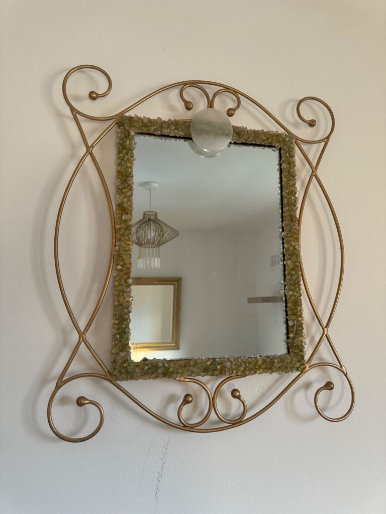 Hand embellished clear quartz crystal and selenite spiritual mirror