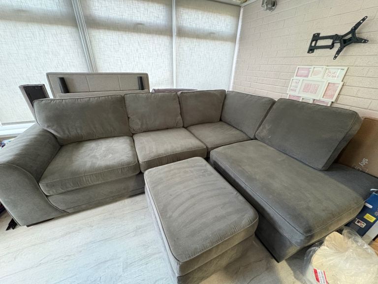 DFS Grey Fabric Corner Sofa Set with Storage Footstool - Like New Condition