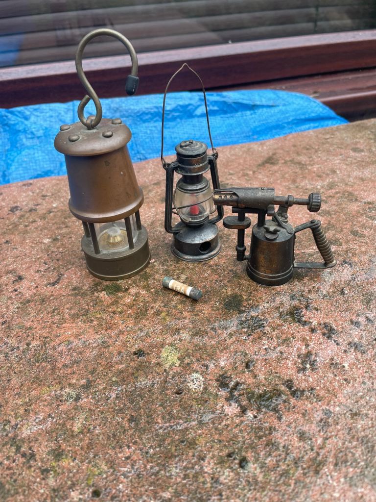 MINIATURE BRASS AND COPPER ORNAMENTS OF A DAVY MINERS LAMP ,OIL LAMP AND A BLOW TORCH
