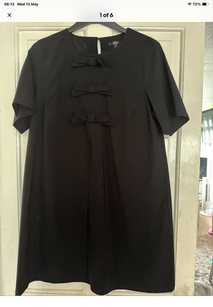 River Island Size 12 Black Bow Detailed Short Sleeved Dress