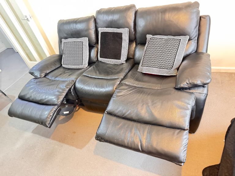 FREE recliner black leather three seater sofa 