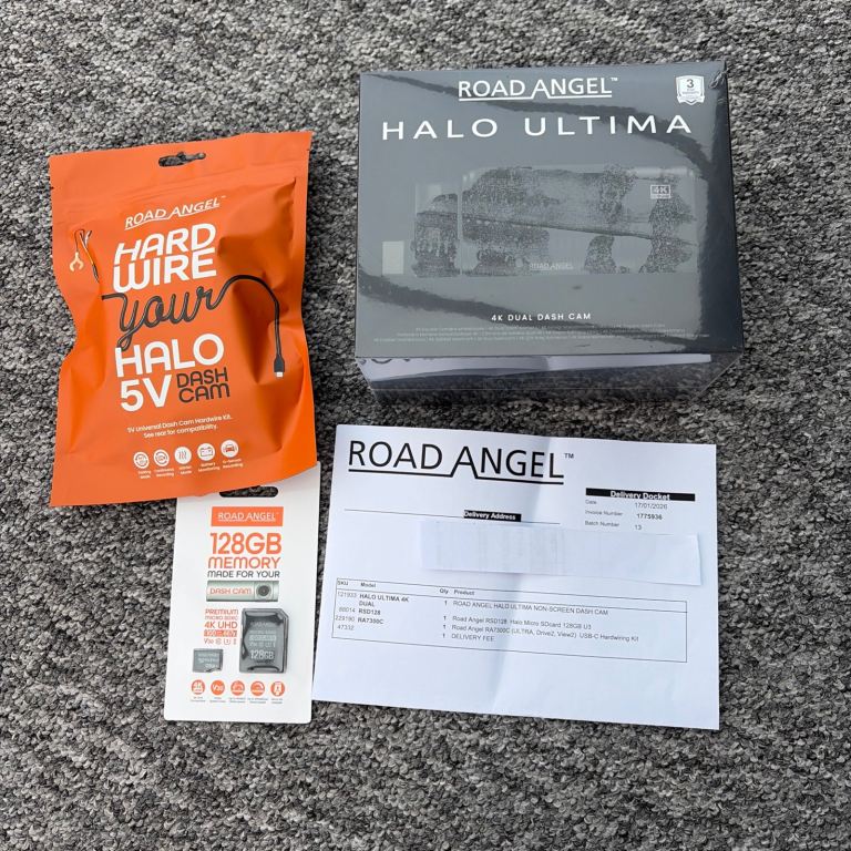 New Road Angel Halo Ultima dash cam + 128sd card + hardwire kit