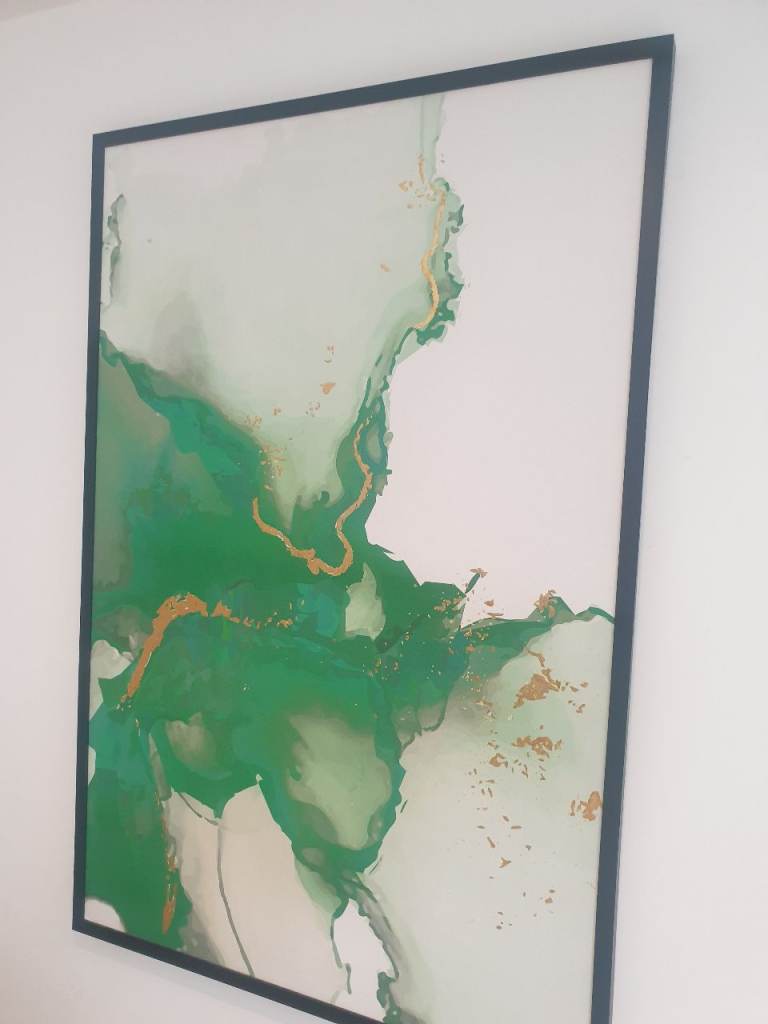Large Green & Gold Abstract Wall Art Picture with Black Frame