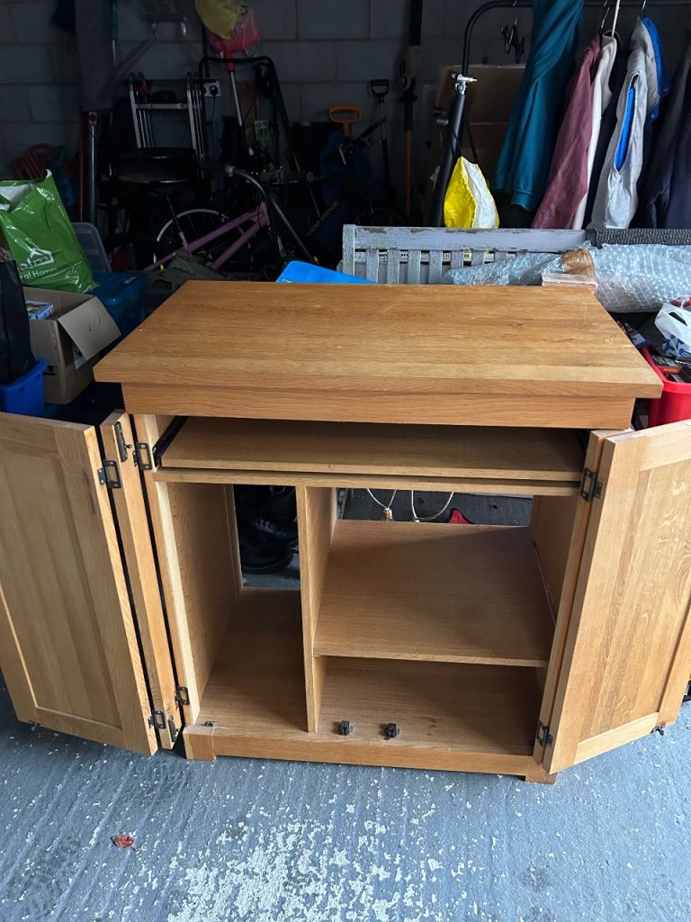 Solid oak computer cupboard and desk 