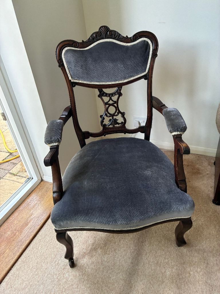 Vintage Wooden Armchair with Grey Velvet Upholstery – Good Condition