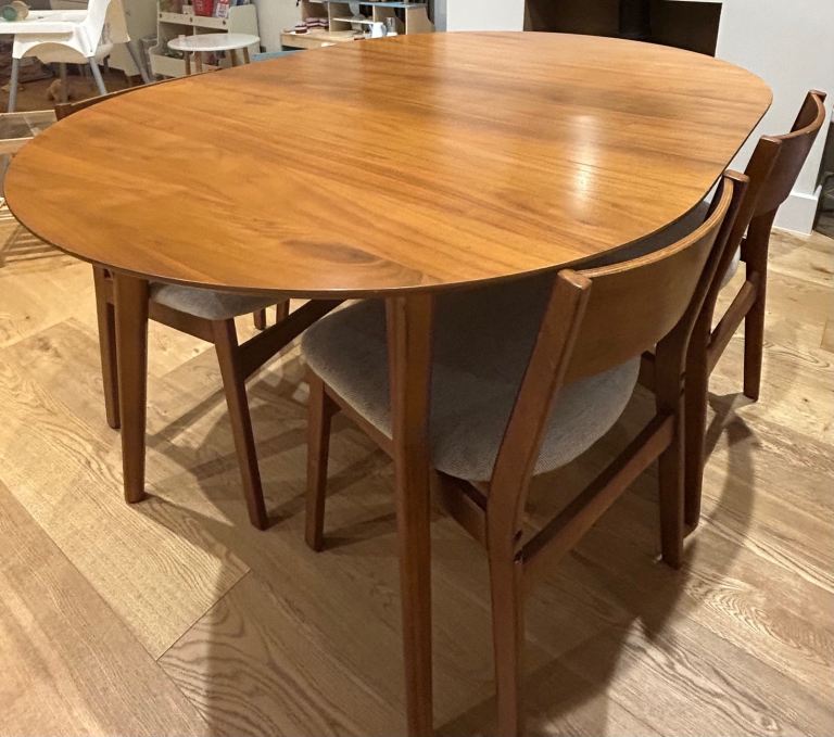 West Elm Mid-Century Modern Round Extendable Dining Table + four chairs