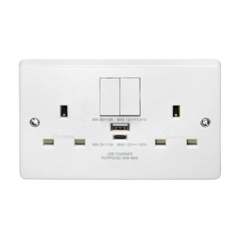 5 x Crabtree Capital 2 Gang 13A Switched Socket 4306/USBC with USB A&C Outlets